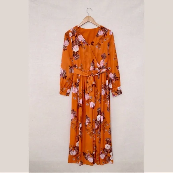 Orange Floral, V-Neck Maxi Dress - Picture 6 of 14
